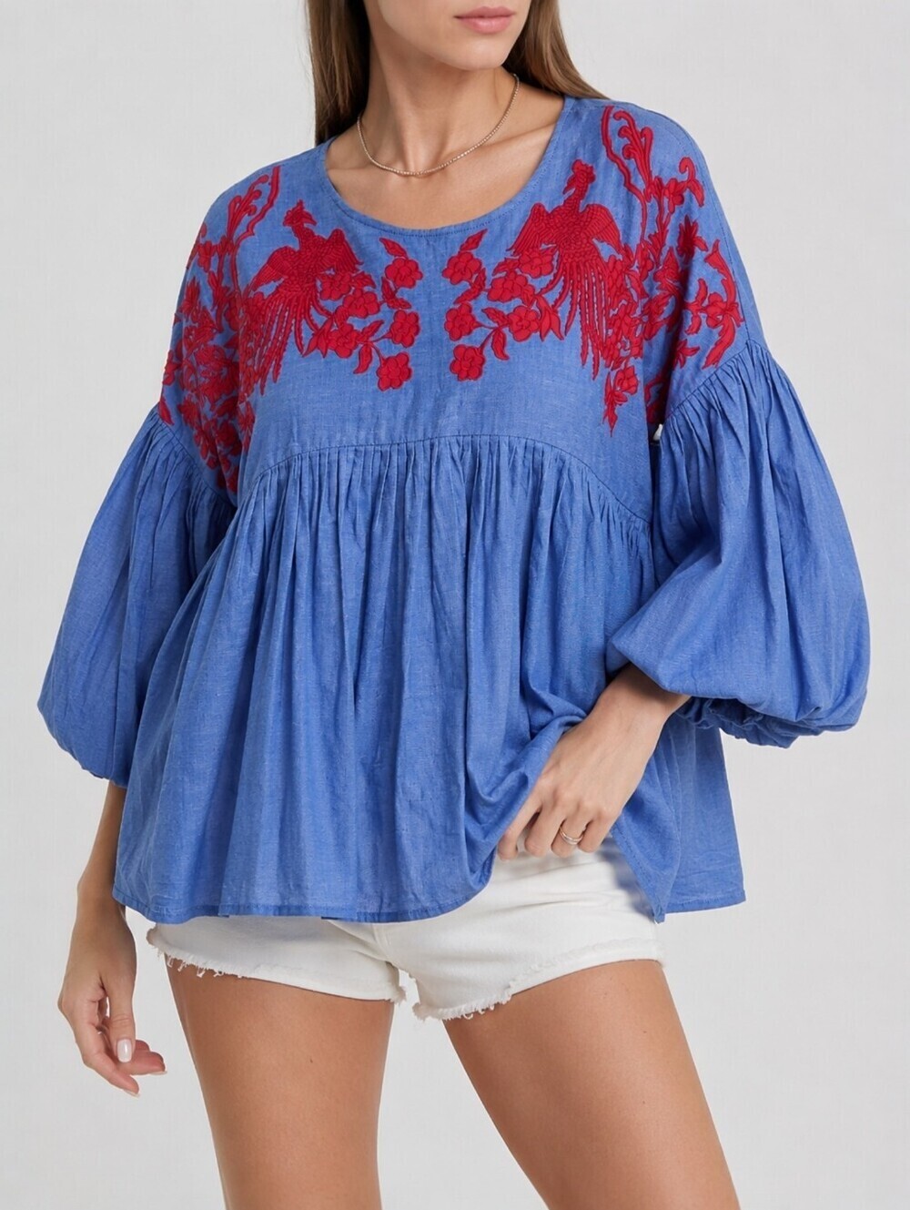 Hemant & Nandita Lianna Embroidered Cotton Blouse S Blue Red Balloon Sleeve Top